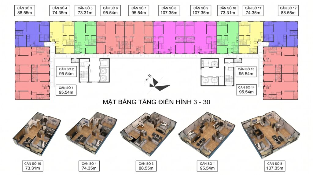 Mặt bằng tầng 3 - 30 chung cư Booyoung Vina